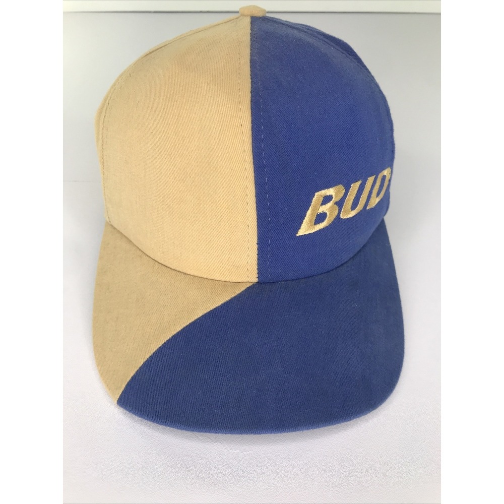 Bud Light Hat Unisex OSFM Blue Tan Vintage 90s Made in USA Snapback Trucker Cap